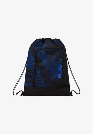 Black and blue drawstring backpack with geometric pattern, front zipper pocket, and blue "Setty" logo on the right side.