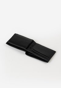 Black leather wallet with a bifold design. Features multiple card slots and a smooth texture, with visible stitching along the edges.
