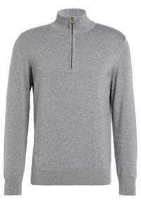 Helles graues Langarmpullover mit einem halben Reißverschluss, Rippbündchen und -saum sowie einem kleinen Logo auf der linken Brust.