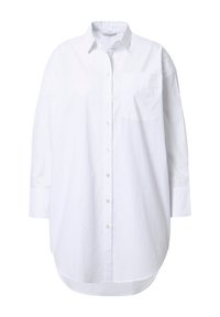 Chemise blanche à manches longues boutonnée, avec col, poche avant gauche et ourlet légèrement arrondi.