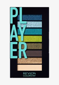 Paleta cieni do powiek Revlon ColorStay z ośmioma prostokątnymi odcieniami w kolorach teal, zielonym, brązowym i beżowym. Zawiera zarówno błyszczące, jak i matowe wykończenia.