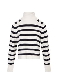 Pull à col roulé rayé blanc avec des rayures horizontales bleu marine, doté d'un col et de poignets côtelés, fabriqué en matière tricot douce.
