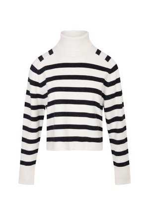 Maglione a collo alto a righe bianche con righe orizzontali blu navy, dotato di colletto e polsini a coste, realizzato in un morbido tessuto a maglia.