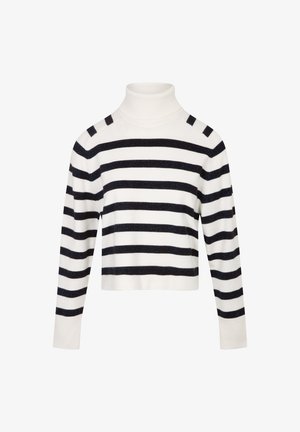 Maglione a collo alto a righe bianche con righe orizzontali blu navy, dotato di colletto e polsini a coste, realizzato in un morbido tessuto a maglia.