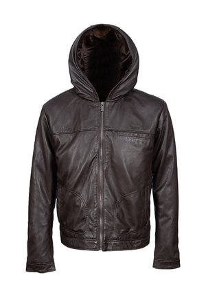 Braune Lederjacke mit Kapuze, ausgestattet mit einem Reißverschluss, zwei Fronttaschen und einer glatten Oberfläche. Innenfutter aus dunklem Stoff.