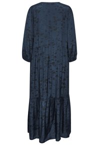 Longue robe bleu marine avec motifs floraux noirs, manches longues bouffantes, taille froncée et jupe à volants, vue de dos.