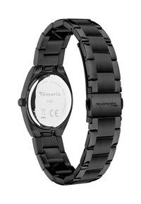 Schwarz Edelstahl Uhr mit sleekem Design. Verfügt über eine polierte Oberfläche, ein rundes Gehäuse und ein Armband mit Klippverschluss. Herstellerlogo sichtbar.