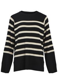 Maglione a righe nero e crema con collo a giro, maniche lunghe e vestibilità rilassata. Caratterizzato da una texture a costine e spalle con design a raglan.