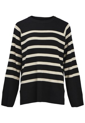 Black and cream striped sweater with a crew neck, long sleeves, and a relaxed fit. Features a ribbed texture and shoulder seams with a raglan design.