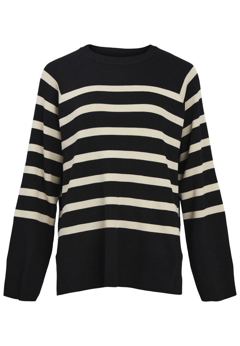Pull rayé noir et crème avec col rond, manches longues et coupe décontractée. Présente une texture côtelée et des coutures d'épaule au design raglan.