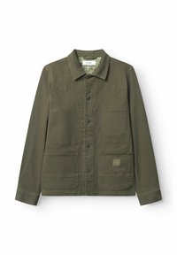 Jachetă de utilitate de culoare verde măslinie, fabricată din material durabil, cu guler, patru buzunare și butoane negre. Căptușită cu un model floral.