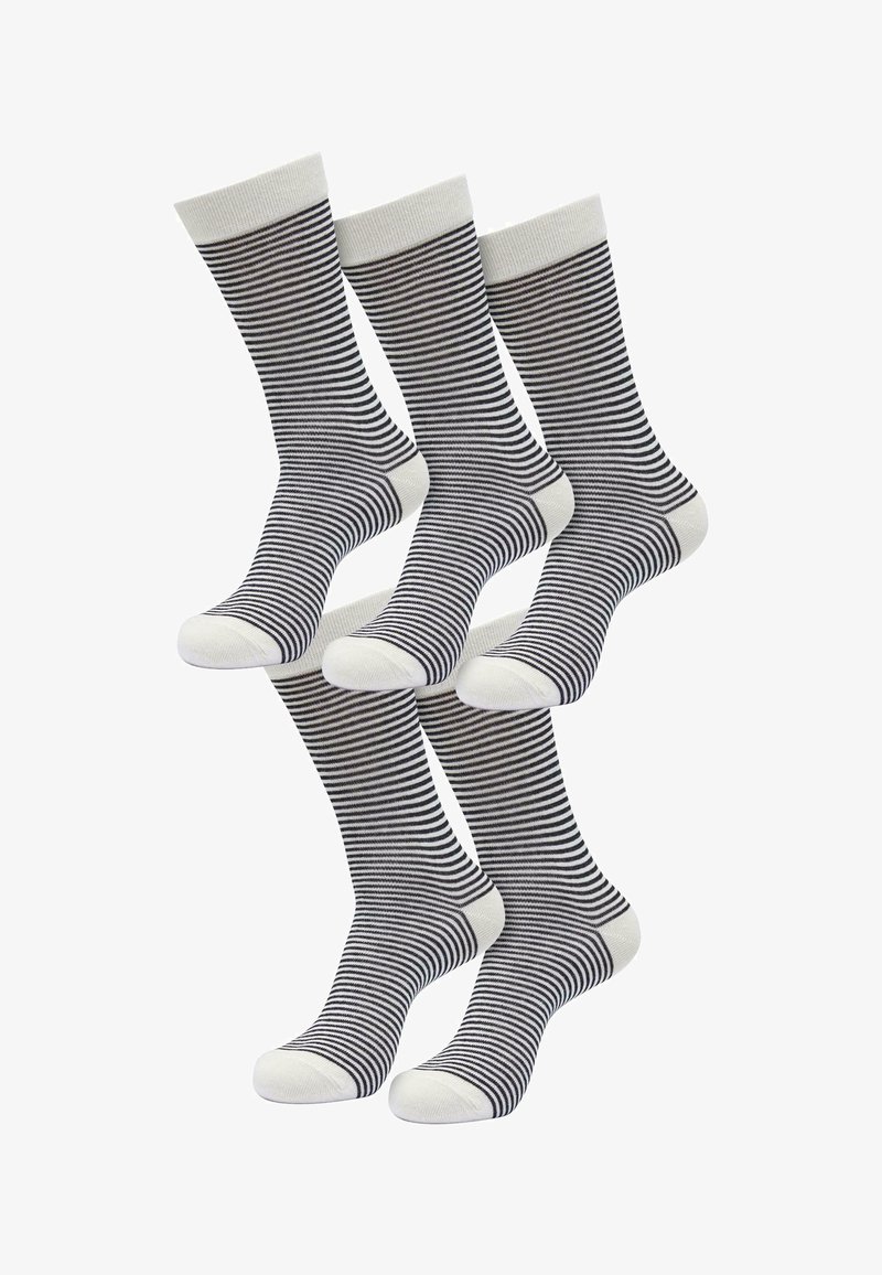 Striped socks with a white cuff and toe, featuring alternating navy blue and white horizontal stripes. Quality knit texture.