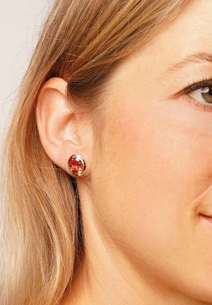 Close-up of a woman’s ear wearing a gold stud earring with a large round red gemstone.