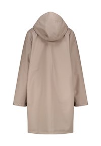 Beige vedenkestävä takki hupulla, pitkät hihat ja napitusyksityiskohdat hihansuissa. Liukas rakenne ja rento istuvuus.