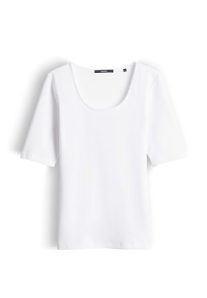 T-shirt blanc à manches courtes en tissu côtelé, col rond, présenté à plat sur un fond blanc.