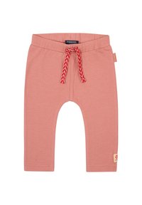 Ljusa rosa bomullsbarnbyxor med elastisk midja, röd fl�ätad dragsko och en liten etikett med blommönster på sidan.