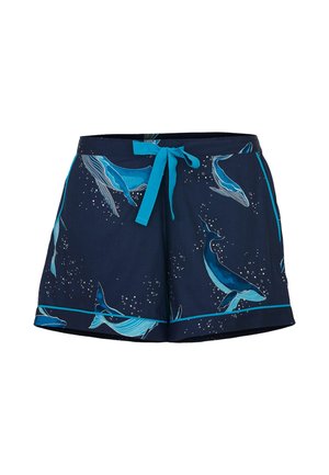 Granatowe szorty z wzorem w wieloryby w odcieniach niebieskiego, z dopasowanym niebieskim sznurkiem i akcentami, wykonane z miękkiej tkaniny.