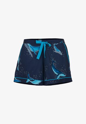 Granatowe szorty z wzorem w wieloryby w odcieniach niebieskiego, z dopasowanym niebieskim sznurkiem i akcentami, wykonane z miękkiej tkaniny.