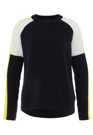 Merimetsolla ribbed knit neule, jossa on raglan-hihat; valkoiset ja keltaiset korostusraidat. Pyöreä pääntie, pitkät hihat ja rento istuvuus.
