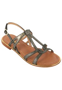 Metallisch zwarte platte sandalen met gekruiste banden, een lusdetail aan de voorkant en een bruine leren binnenzool. Heeft een slanke enkelband met gouden hardware.