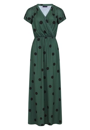 Zelené maxi šaty vyrobené z měkké tkaniny, s překládaným designem, krátkými rukávy a velkými černými puntíky po celé ploše. Detail elastického pásku.