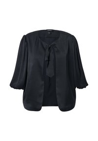 Blusa nera in satin con scollatura rotonda, maniche a puff corte e chiusura frontale con fiocco. Caratterizzata da una texture liscia e un leggero lucido.