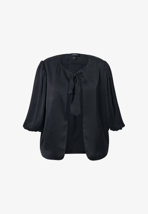 Black satin blouse with a round neckline, short puff sleeves, and a tie front closure. Features a smooth texture and subtle sheen.