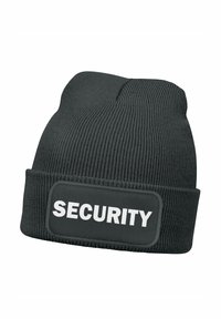 Schwarze Mütze aus geripptem Strickstoff. Verfügt über ein auffälliges rechteckiges Patch mit dem Wort "SICHERHEIT" in fetten weißen Buchstaben.