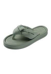 Sandale tong vert clair avec semelle intérieure texturée et bride en tissu rembourrée arborant le logo "havaianas" sur le côté.
