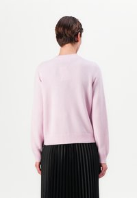 Suéter rosa claro hecho de una tela suave, con un dobladillo y puños acanalados, combinado con una falda negra con pliegues. Visto desde la parte de atrás.