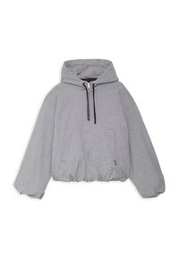 Veste à capuche gris clair avec fermeture éclair frontale, cordons noirs, deux poches latérales et poignets et ourlet élastiques.