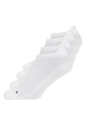 White ankle socks in a pack of four, featuring a smooth texture, breathable mesh upper, and reinforced toe, with a small size label.