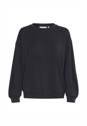 Tumši jūras zila miklspala, izgatavota no mīkstas auduma, ar apaļu kakla izgriezumu, nolaižamām plecu šuvēm un izembosētu logo dizainu priekšpusē.