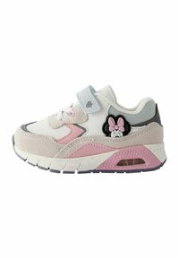 Białe i różowe sneakersy wykonane z zamszu i siateczki. Zawierają rzep, zapięcie na sznurówki oraz akcent z postacią z kreskówki z boku.