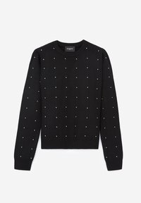 Schwarzer, gestrickter Pullover mit rundem Ausschnitt, langen Ärmeln und vertikalen Linien aus kleinen, weißen dekorativen Perlen, die gleichmäßig über die Vorderseite verteilt sind.