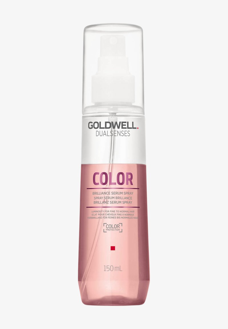 Goldwell Dualsenses Color Brilliance Serum Spray für feines bis normales Haar, 150 ml transparente Flasche mit pinker Flüssigkeit und weißem Sprühkopf.