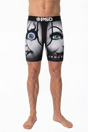 Men’s black boxer briefs with large black and white faces featuring one blue and one green eye and text "Bride of Chucky."