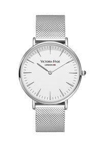 Reloj de pulsera de acero inoxidable plateado con correa de malla, esfera blanca, marcadores de hora minimalistas y marca en la parte superior. Diseño de caja redonda.