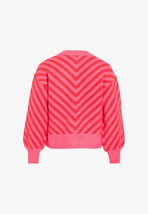 Pleteni pulover v svetlo rožnati barvi z izmeničnimi svetlejšimi in temnejšimi rožnatimi črtami v vzoru chevron. Ima okrogel izrez in balonaste rokave.