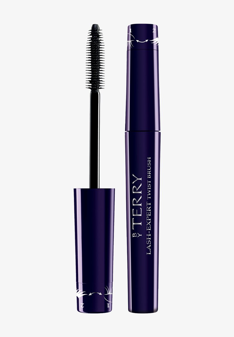 Donkerpaarse tube van BY TERRY Lash-Expert Twist Brush mascara met gedraaide borstelharen naast gesloten tube.