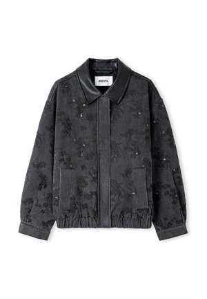 Zwarte denimjack met leren kraag, bloemenpatroon, elastische tailleband en twee zijzakken. De gestructureerde stof voegt diepte toe.