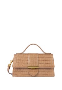 Borsa in pelle sintetica beige effetto coccodrillo con forma strutturata, manico superiore, tracolla rimovibile e dettagli in metallo dorato.