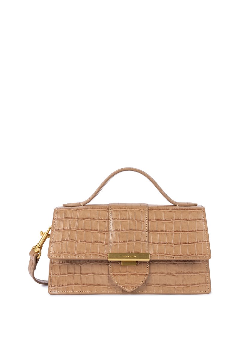 Borsa in pelle sintetica beige effetto coccodrillo con forma strutturata, manico superiore, tracolla rimovibile e dettagli in metallo dorato.