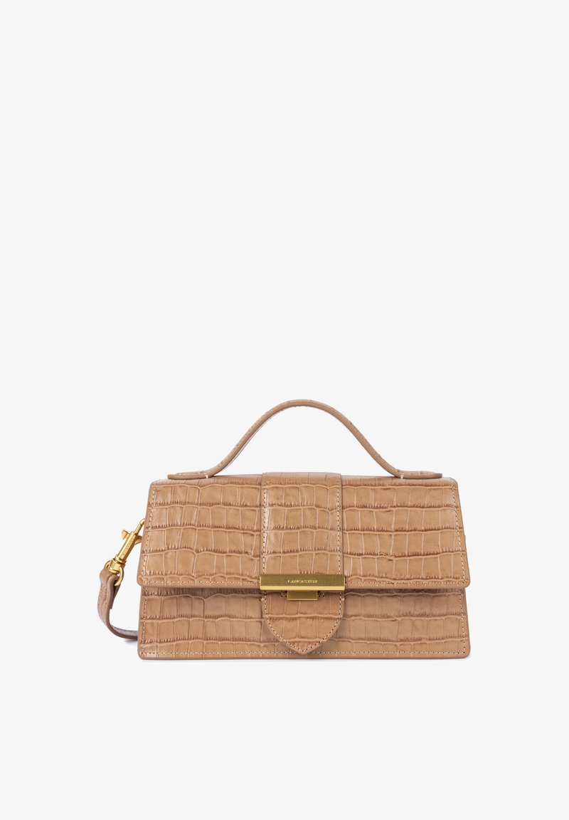 Beige Handtasche aus Kunstleder im Krokodil-Look mit strukturierter Form, Obergriff, abnehmbarem Schulterriemen und Akzenten aus goldfarbenem Metall.