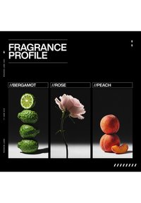 Agrumes de bergamote empilés, une seule fleur de rose rose et deux pêches avec une tranche, étiquetés comme ingrédients du profil de parfum.