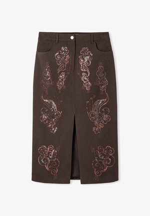 Dark brown knee-length skirt with front slit and decorative abstract sequin embroidery in copper and black tones.