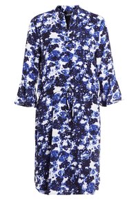 Abito floreale con un motivo a macchie blu e bianche, scollatura a V, maniche lunghe e una cintura in vita per una vestibilità regolabile.