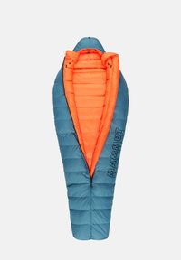 Schlafsack mit teal-farbener Außenseite und orange-farbenem Innenraum. Hat eine zulaufende Form, horizontale Kammern und das Markenlogo auf einer Seite. Mit Reißverschluss.