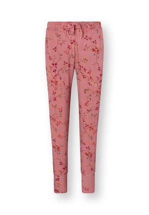 Rosa verengte Hose mit floralem Rankendruck, elastischem Bund, Kordelzug und Seitentaschen.