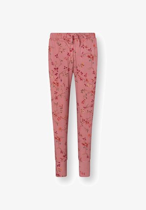Pink tapered pants with floral vine print, elastic waistband, drawstring tie, and side pockets.